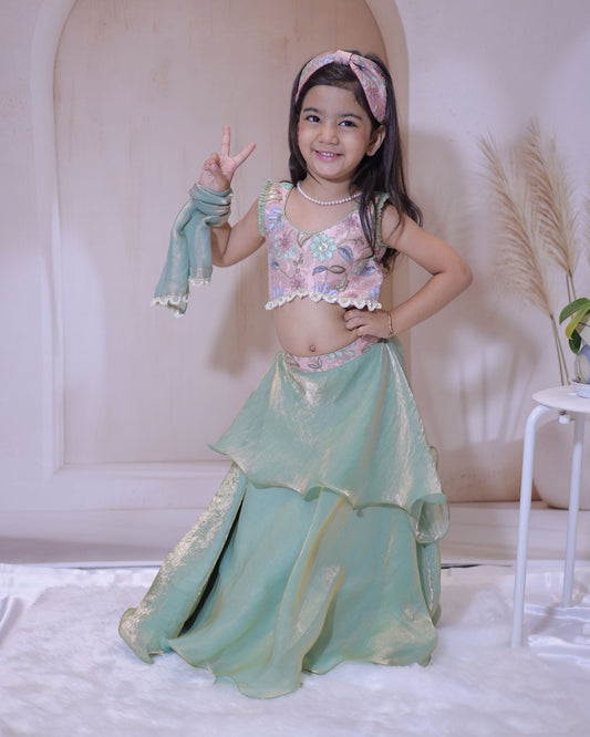 Mint Blossom Embroidered Lehenga Set – A Whimsical Delight for Little Fashionistas