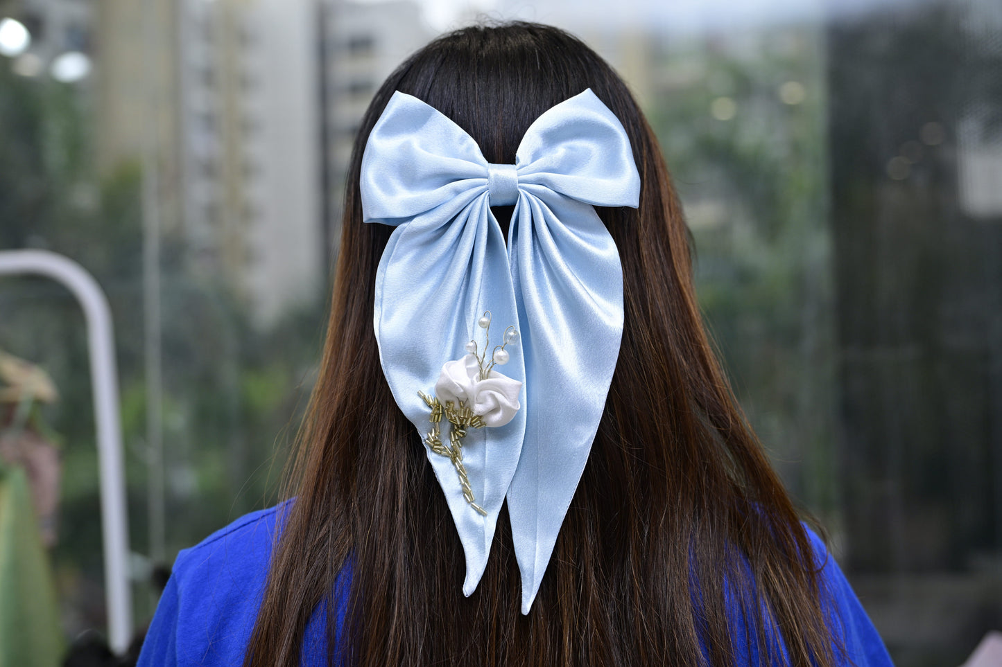 Littleloom Light Blue Satin Hair Bow with White Rose & Pearl Embellishments – Elegant Clip-On Hair Accessory for Girls