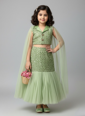 Green mirror work lehenga and top