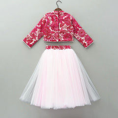Red Floral Printed Crop Top & Tulle Lehenga Set for Girls