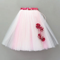 Red Floral Printed Crop Top & Tulle Lehenga Set for Girls