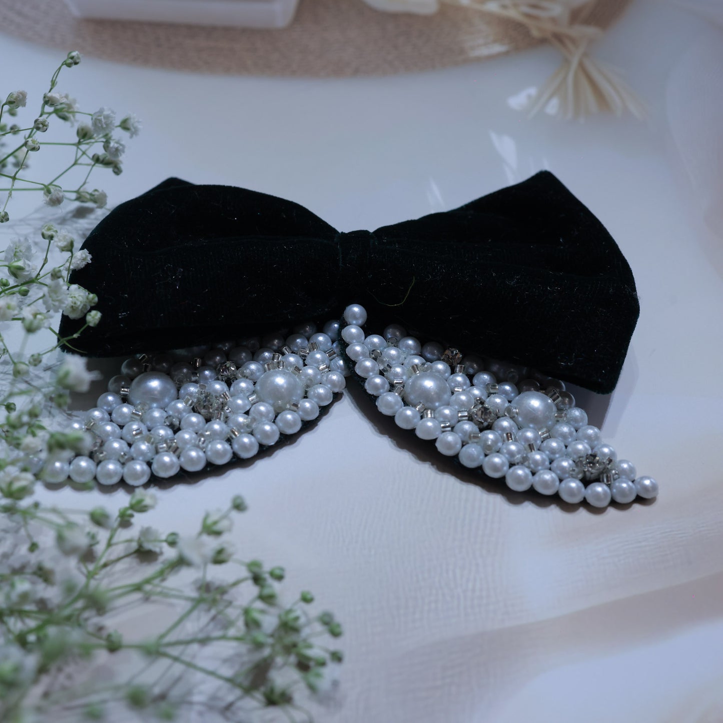 Littleloom Black Velvet Hair Bow with Pearl & Crystal Embellishments – Elegant Decorative Hair Accessory for Girls