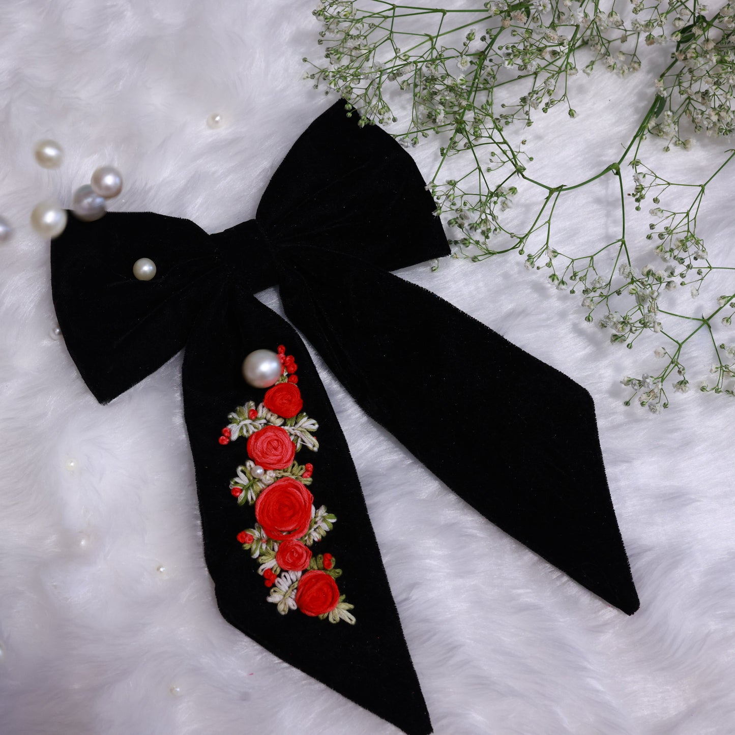 Black Satin Hair Bow with Light Floral Accents