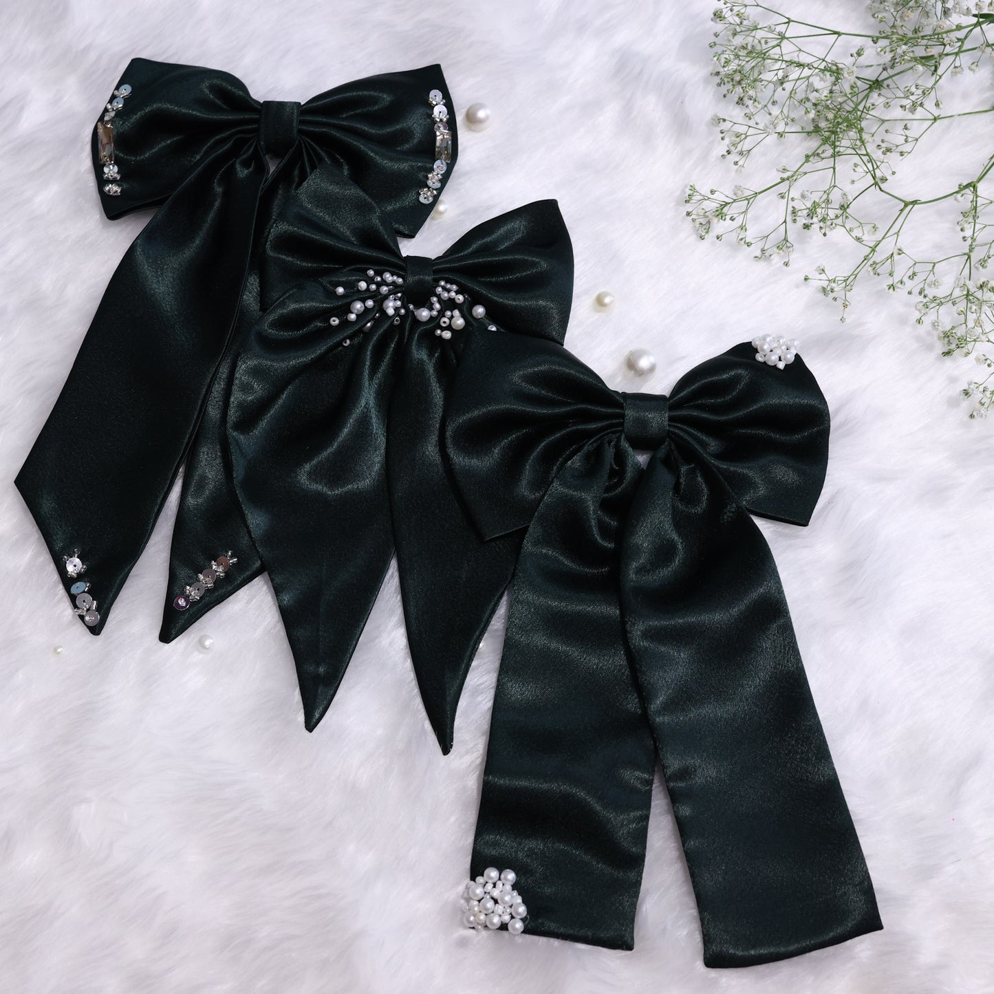 Littleloom Green Satin Hair Bow – Bold & Elegant Floral Clip with Pearl Embellishments