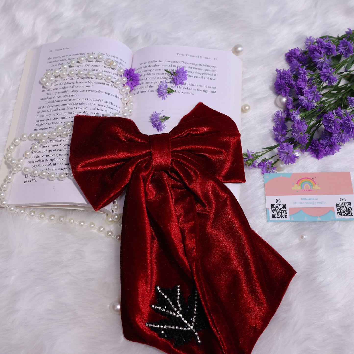 Littleloom Classic Red Velvet Hair Clip with Crystal Leaf Accent – Elegant Oversized Bow for Girls