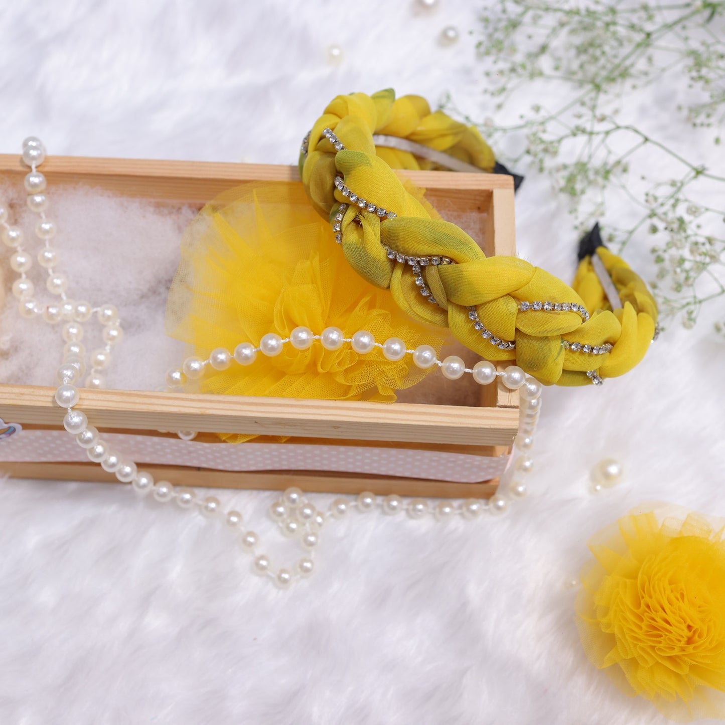 L’il Loom Yellow Chiffon Braided Headband with Crystal Rhinestones – Elegant Hair Accessory for Girls