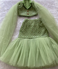 Green mirror work lehenga and top