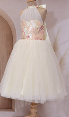 Beige colour halterneck long bow frock
