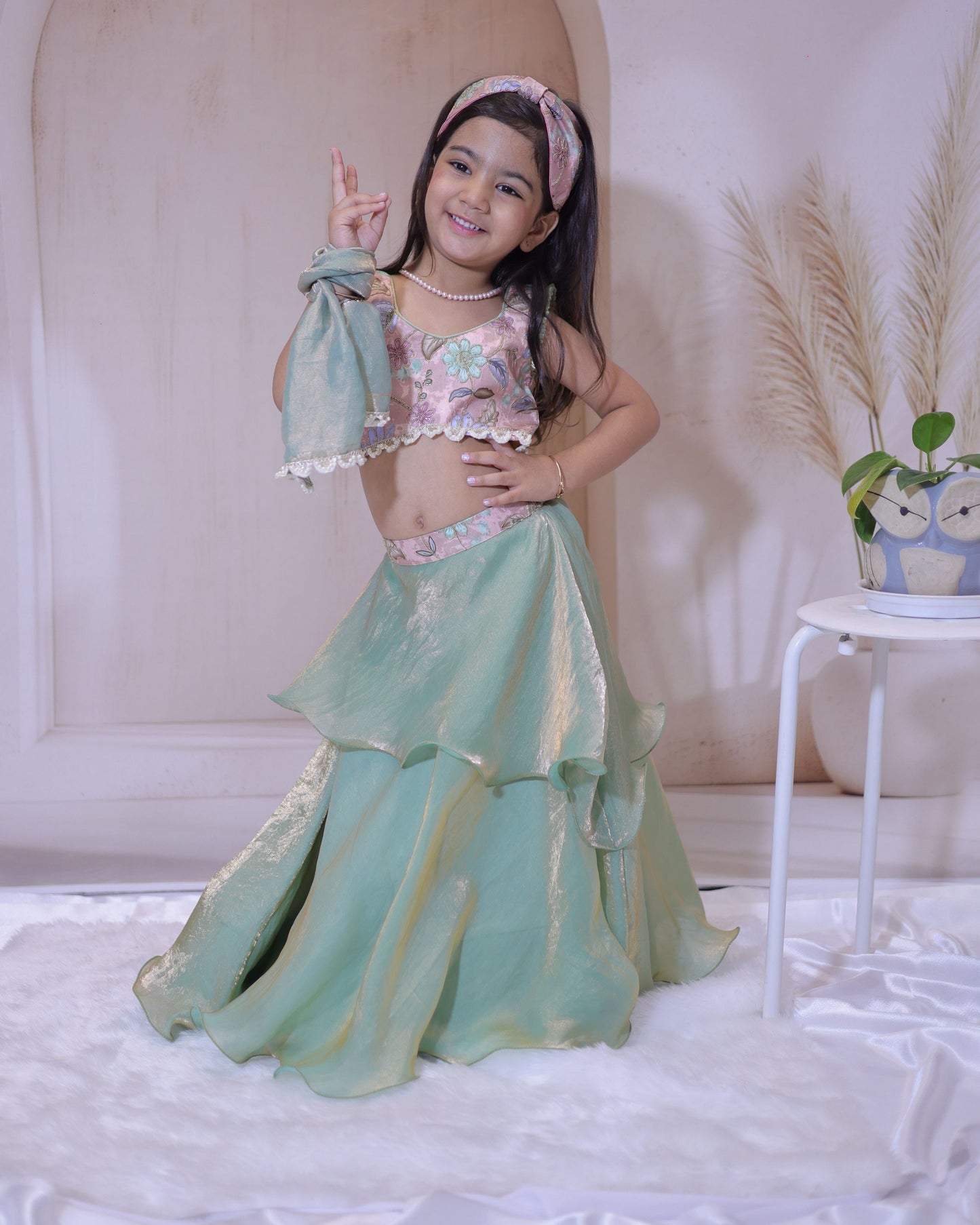 Mint Blossom Embroidered Lehenga Set – A Whimsical Delight for Little Fashionistas