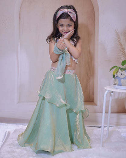 Mint Blossom Embroidered Lehenga Set – A Whimsical Delight for Little Fashionistas