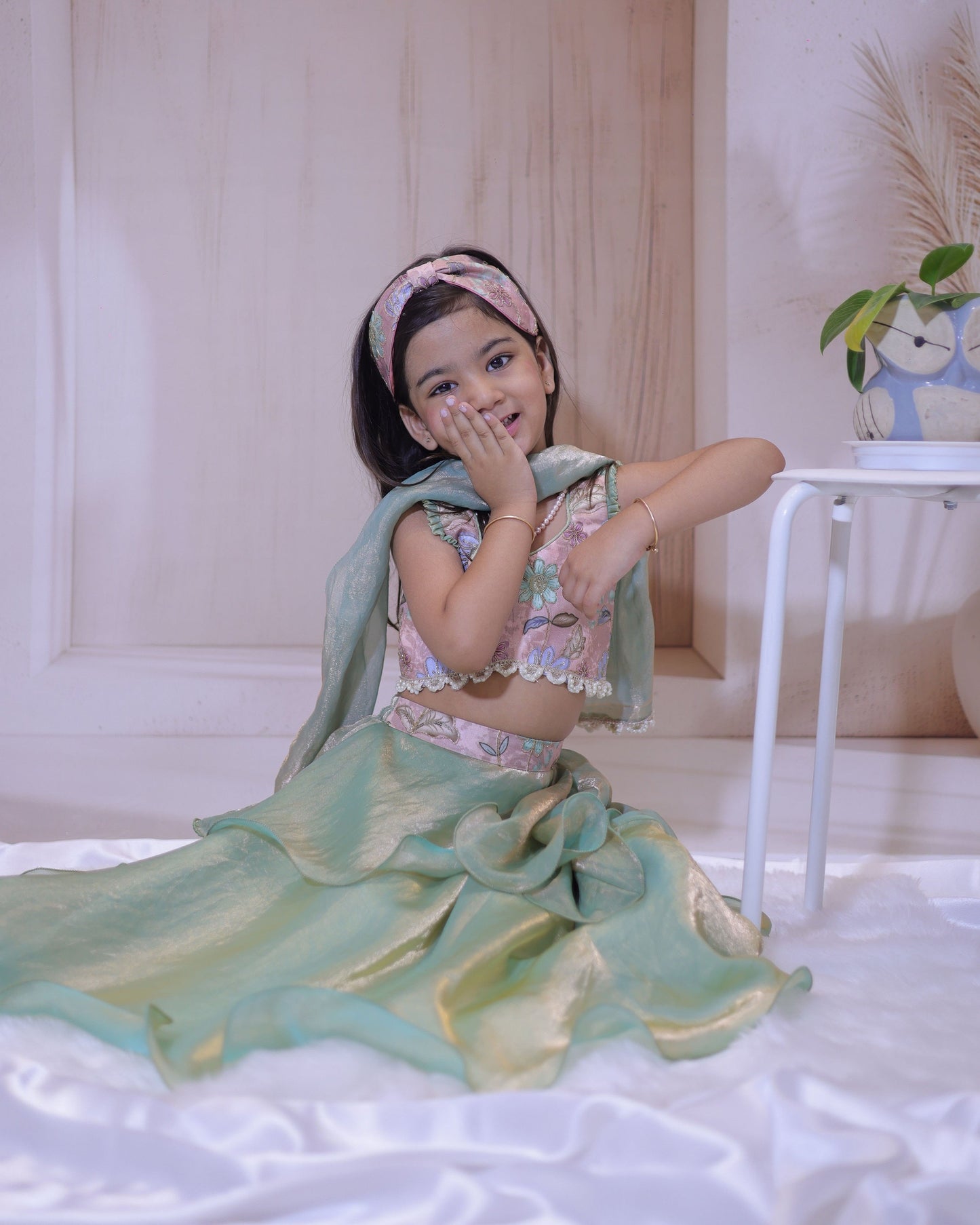 Mint Blossom Embroidered Lehenga Set – A Whimsical Delight for Little Fashionistas