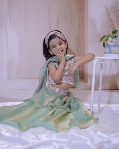 Mint Blossom Embroidered Lehenga Set – A Whimsical Delight for Little Fashionistas