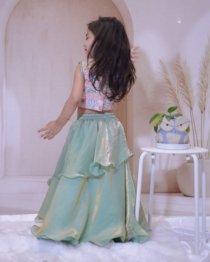 Mint Blossom Embroidered Lehenga Set – A Whimsical Delight for Little Fashionistas