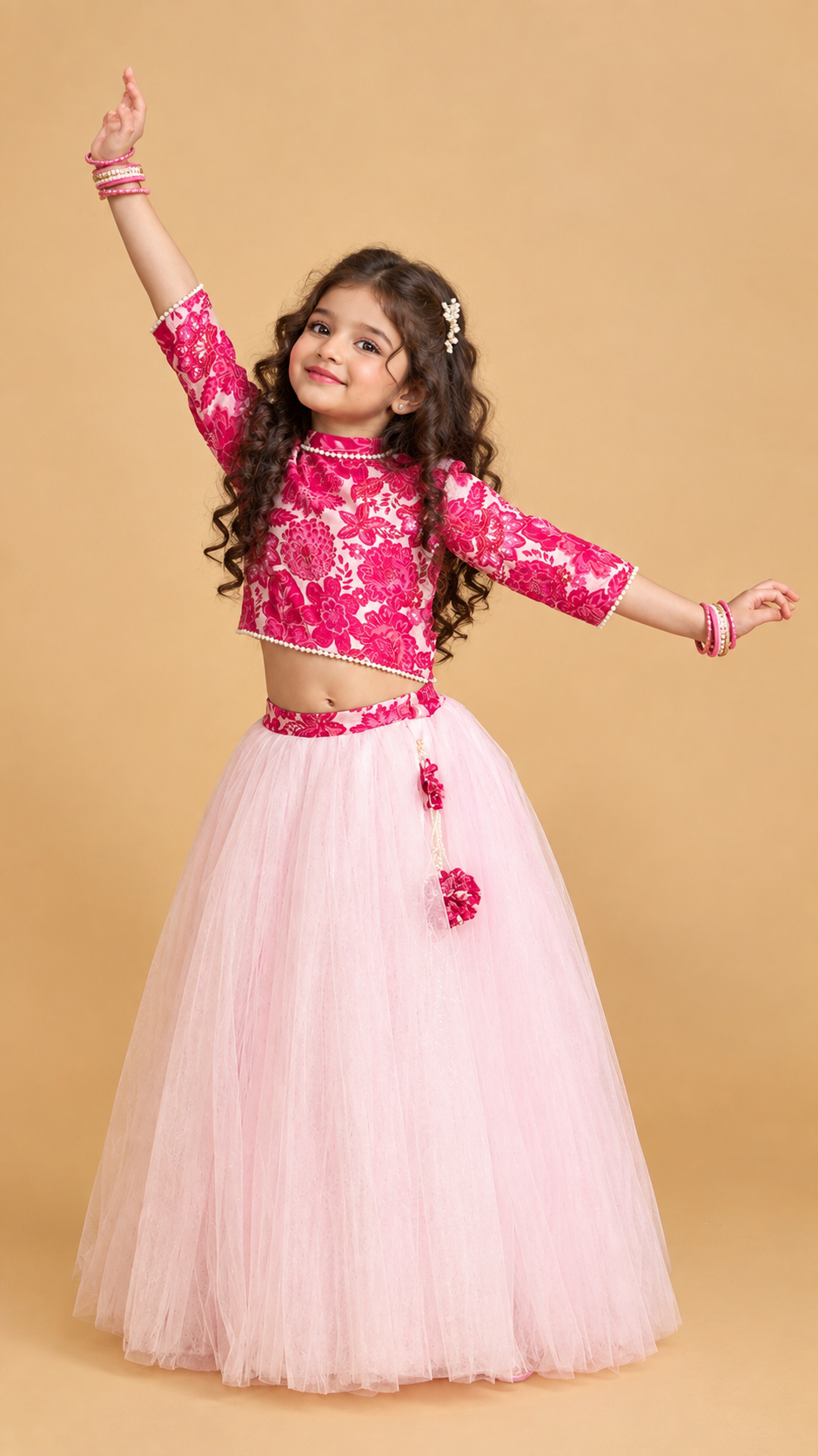 Red Floral Printed Crop Top & Tulle Lehenga Set for Girls