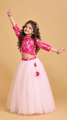 Red Floral Printed Crop Top & Tulle Lehenga Set for Girls