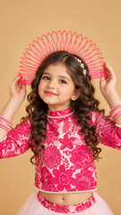 Red Floral Printed Crop Top & Tulle Lehenga Set for Girls