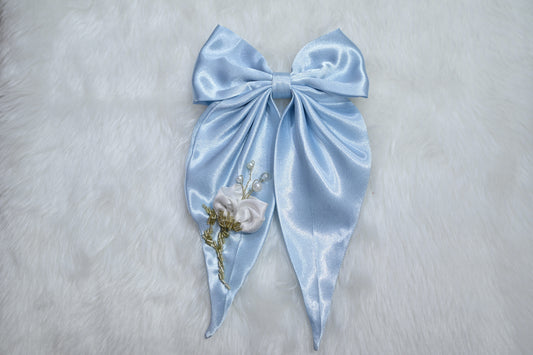 Littleloom Light Blue Satin Hair Bow with White Rose & Pearl Embellishments – Elegant Clip-On Hair Accessory for Girls