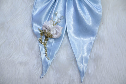 Littleloom Light Blue Satin Hair Bow with White Rose & Pearl Embellishments – Elegant Clip-On Hair Accessory for Girls
