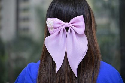 Light Blue Satin Hair Bow with White Rose – Elegant & Adorable Accessory for Girls