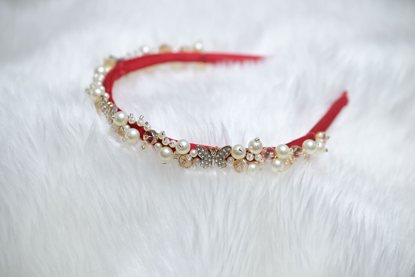 Red Crystal & Pearl Hair Band – Stylish Party Headband for Girls