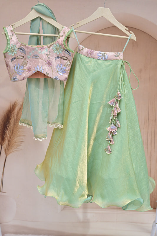 Mint Blossom Embroidered Lehenga Set – A Whimsical Delight for Little Fashionistas