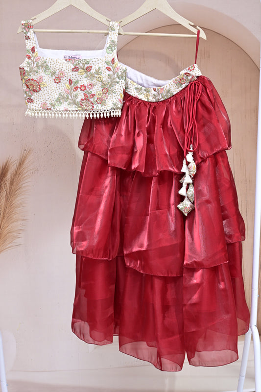 Crimson Blossom Tiered Lehenga Set – A Festive Statement for Little Divas