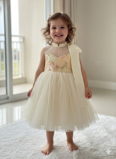 Beige colour halterneck long bow frock