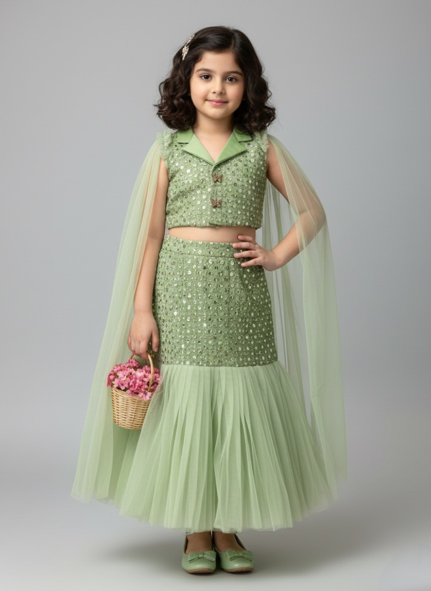 Green mirror work lehenga and top