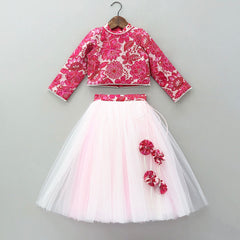 Red Floral Printed Crop Top & Tulle Lehenga Set for Girls