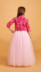 Red Floral Printed Crop Top & Tulle Lehenga Set for Girls