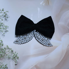 Littleloom Black Velvet Hair Bow with Pearl & Crystal Embellishments – Elegant Decorative Hair Accessory for Girls