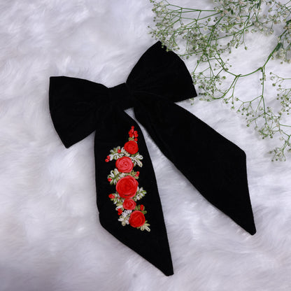 Black Satin Hair Bow with Light Floral Accents