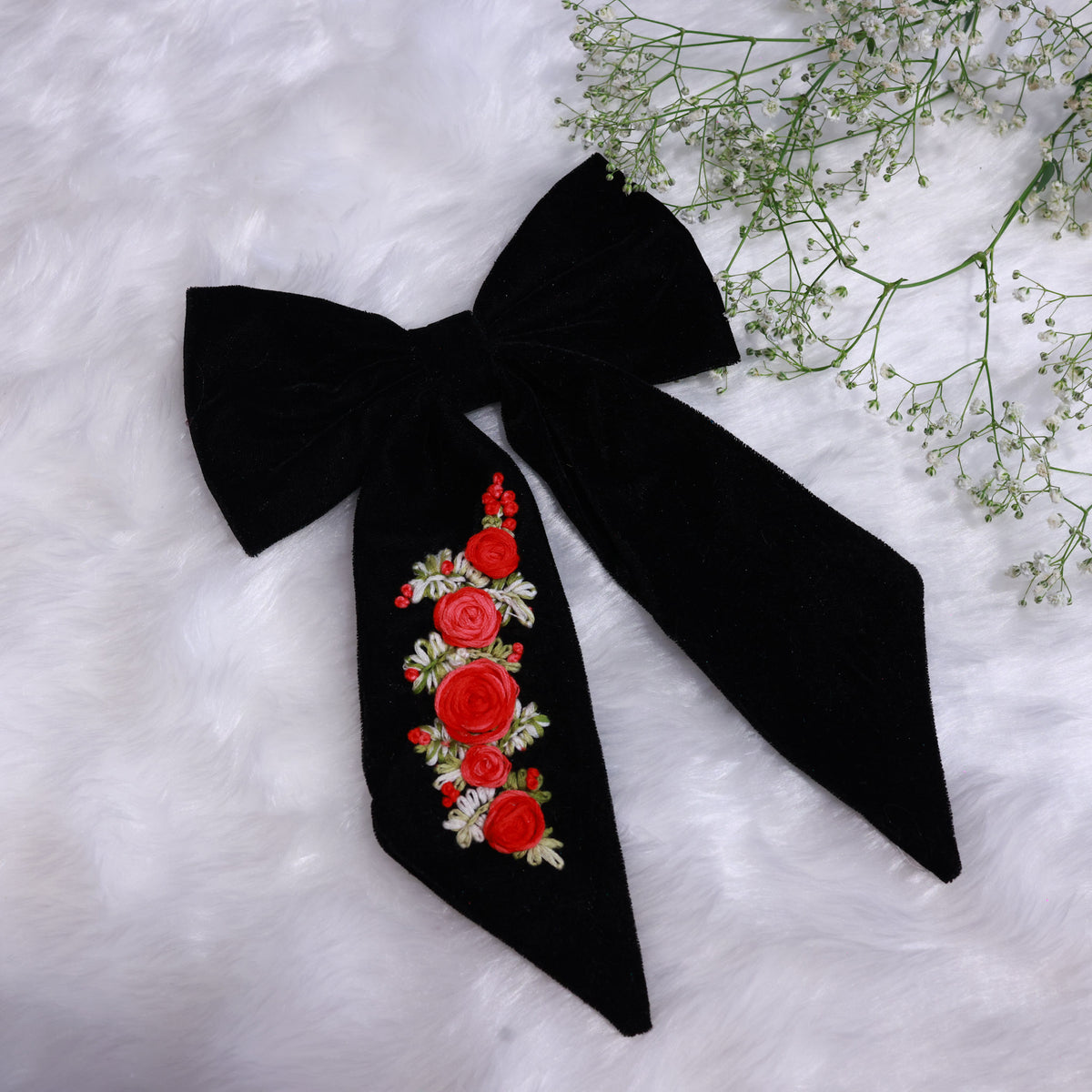 Hand embroidered Black velvet Hair Bow