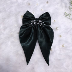 Littleloom Green Satin Hair Bow – Bold & Elegant Floral Clip with Pearl Embellishments