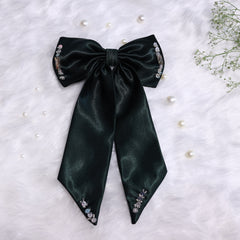 Littleloom Green Satin Hair Bow – Bold & Elegant Floral Clip with Pearl Embellishments