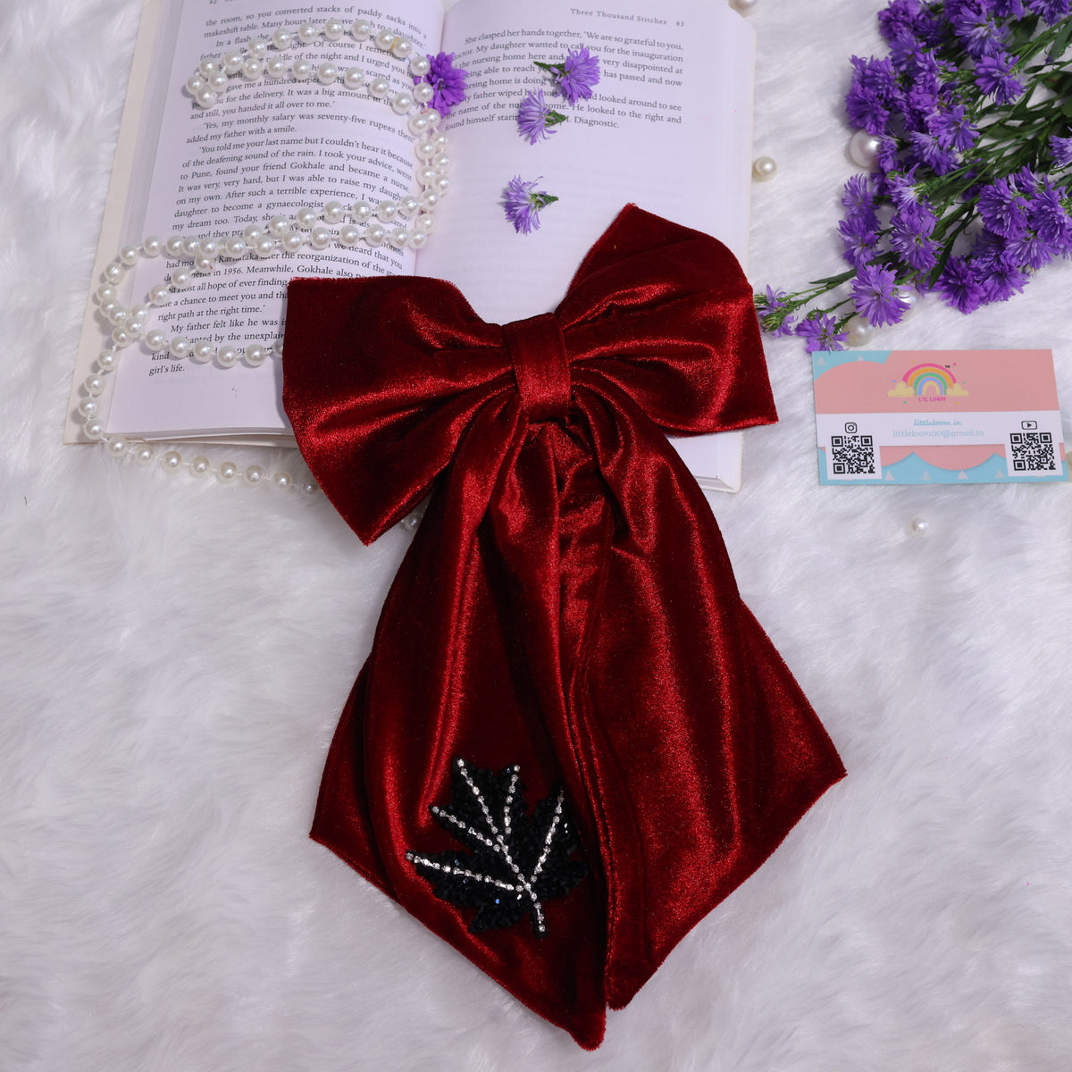 Red Velvet Hair bow with Crystal Leaf Accent