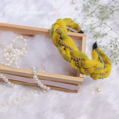 L’il Loom Yellow Chiffon Braided Headband with Crystal Rhinestones – Elegant Hair Accessory for Girls