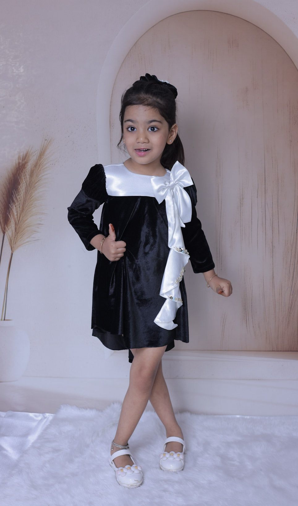 Black velvet long bow dress